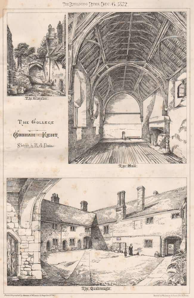 The College, Cobham Kent; sketched by R.A. Fraser 1872 old antique print